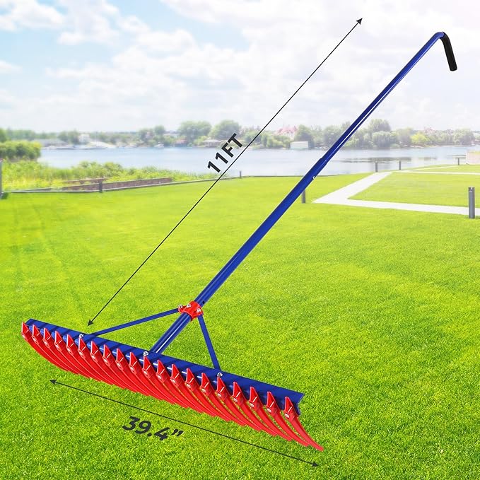 40" Extra-Large Heavy Duty Lake Weed Rake for Ponds with 11" Long Plastic Tines, 11ft Commercial-Grade Aquatic Weed Removal Tool, Deep Water Weed Cleaner for Large Aeras, Ergonomic Handle.