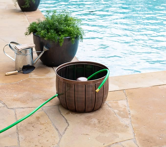 BIRDROCK HOME Water Hose Holder - Decorative Metal Pot, Indoor or Outdoor, Garden Storage Organizer, Patio Portable Bucket - Antique Copper, Holds up to 100ft Hoses, Medium No Lid