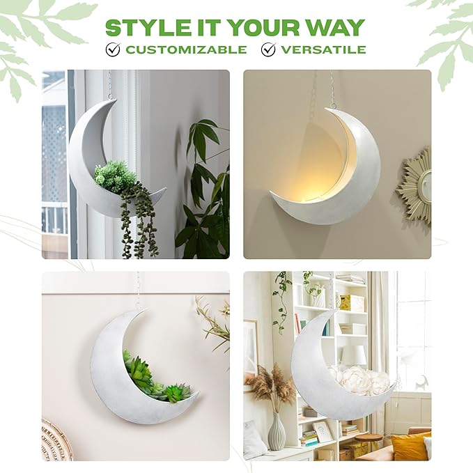 Hanging Moon Planter for Moon Room Decor - Great for Succulents, Air Plant, Mini Cactus, Faux, Artificial Plants-Boho Hanging Planters for Indoor Plants, Witchy Gifts for Women, Birthdays,Plant Lovers