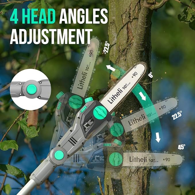 Litheli Cordless Pole Saw, 40V 2.5Ah Battery Pole Saws for Tree Trimming, 10-Inch Pole Saw Battery Powered 16ft/s Cutting Speed Auto Oiling Multi-Angle Electric Pole Chainsaw(Battery&Charger Included)