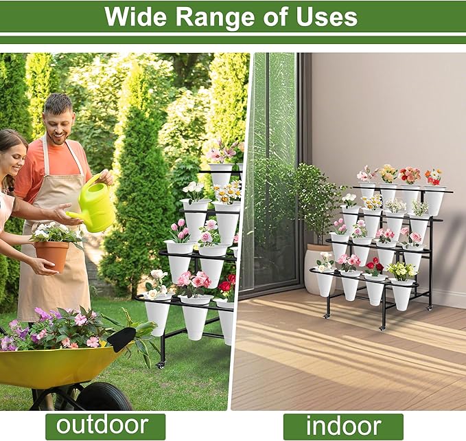 Floral Display Stand with 16 White Flower Baskets, 4-Layers Cart Display Stand with Wheels ,Sturdy Mobile Flower Bouquet Rack for Courtyard, Garden, Flower Shop, with Lockable Rotating Wheels .