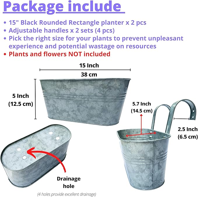 LaLaGreen Outdoor Plants Rail Planter (15 Inch, 2 Pack) Silver Metal Iron Hanging Flower Pot Deck Railings Fence Bucket Modern Boho Style Wall Mount Window Box Plant Wall Hanger Hooks Porch Home Decor