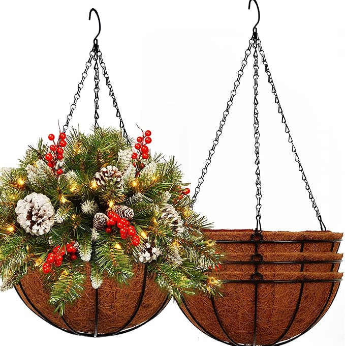 Hanging Planters Basket Outdoor Indoor(14 inch 4 Pack)-Coconut Coir Hanging Baskets for Plants Outdoor,Metal Wire Baskets with Coco Liner Window Box Planters, Hanging Flower Pots for Railings