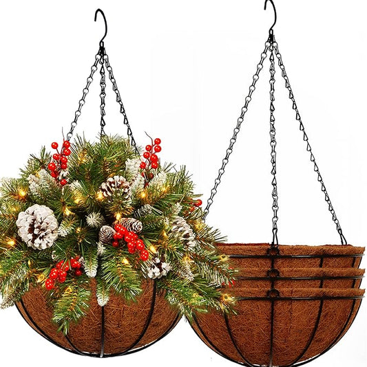 Hanging Planters Basket Outdoor Indoor(14 inch 4 Pack)-Coconut Coir Hanging Baskets for Plants Outdoor,Metal Wire Baskets with Coco Liner Window Box Planters, Hanging Flower Pots for Railings