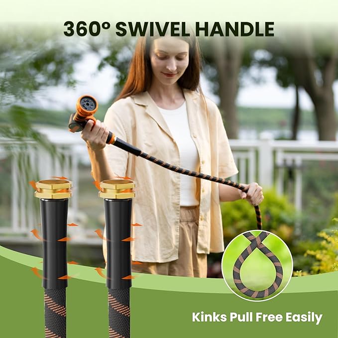 Giraffe Tools Non-Expandable Garden Hose 50FT 1/2” Lightweight Flexible Water Hoses Burst 600 psi with 9 Spray Function Nozzle Heavy Duty Hose