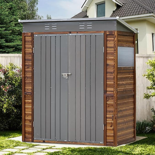 3x5FT Wood Outdoor Storage Shed with Lockable Double Doors & Ventilation Windows for Garden, Lawn, Patio