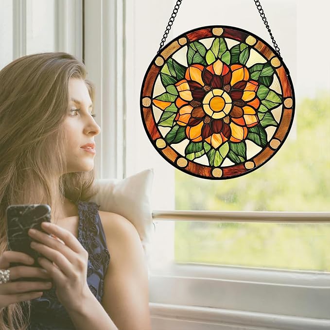Stained Glass Window Hanging - Yellow Green Boho Style Flowers Sun Catcher for Door Garden Home Decor Suncatcher Christmas Mother's Day Birthday Gifts for Women Mom Girl Nana Friend 11.8 in