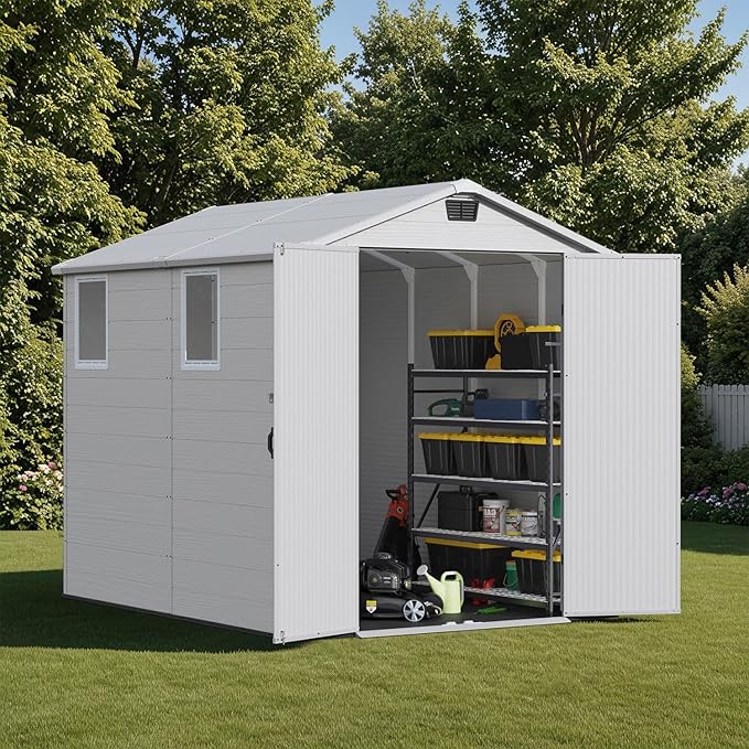 Patiowell 6x8 FT Outdoor Storage Shed with Floor, Resin Garden Tool Shed with Lockable Door & Windows, Weather-Resistant for Lawn Mower, Patio Furniture, Backyard Storage (Light Gray)