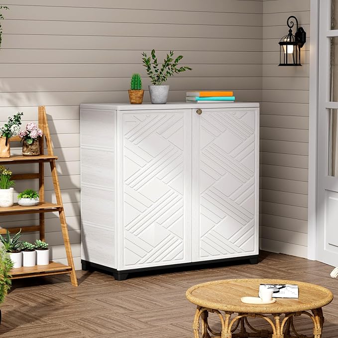 ZZM Indoor/Outdoor Storage Cabinet Waterproof, 34"x15"x34" Plastic Outdoor Storage Box for Garden Balcony Bathroom, All Weather Outdoor Storage Clearance, DIY Usage, with 1 Shelf (White)