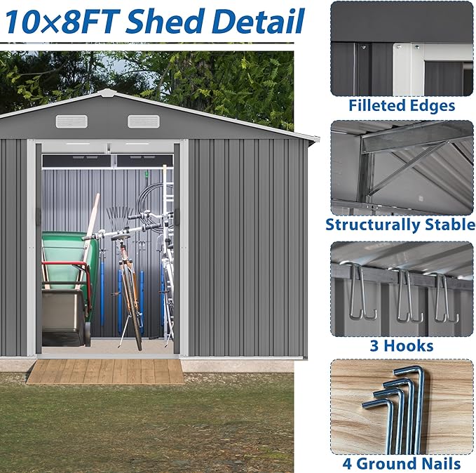 10X8 FT Outdoor Storage Shed W/Lockable Sliding Doors,Metal Shed W/Sloped Roof & Air Vents,All Weather Garden Tool House for Backyard Patio Lawn,Gray