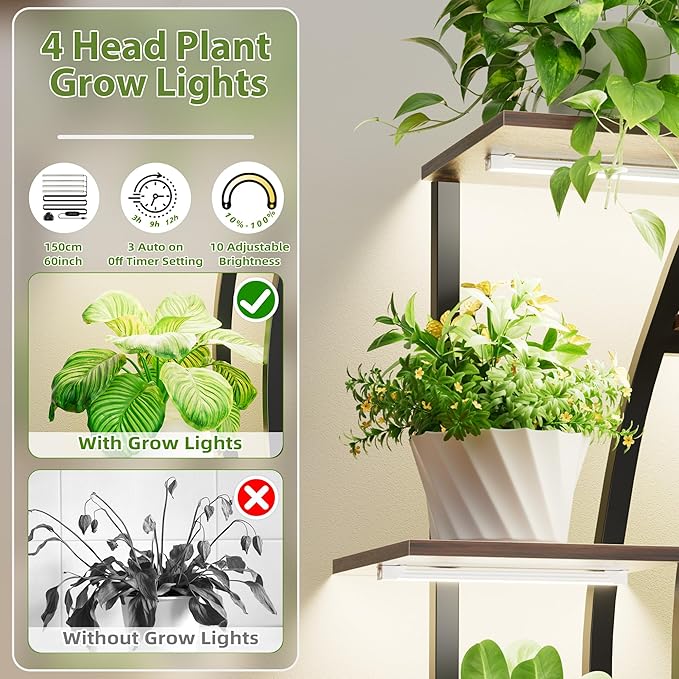 JUSTOGO Plant Stand Indoor with Grow Lights, 47" 7-Tier Corner Plant Shelf Rack, Multi-Pot Holder Display Stand for Plants, Flowers - Garden, Patio, Living Room Decor, Black