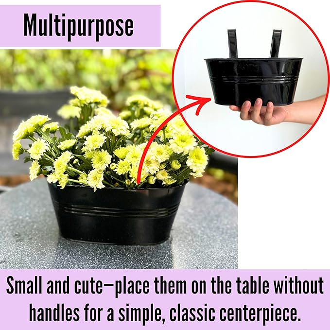 LaLaGreen Window Boxes Planters (5 Pack, 9.8 Inch) Small and Cute Black Metal Iron Hanging Flower Pots, Deck Railings Outdoor Fence Buckets Boho Style Wall Mount Plant Holder Hooks Porch Garden Decor