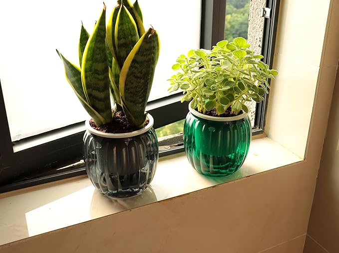 Meicynhoger 4-Pack Plastic Self-Watering Hanging Planters for Snake Plant,Succulents,African Violets - 4.3" Clear Flower Pot with Hooks for Indoor Outdoor,Table, Balcony,Deck,Garden Gray