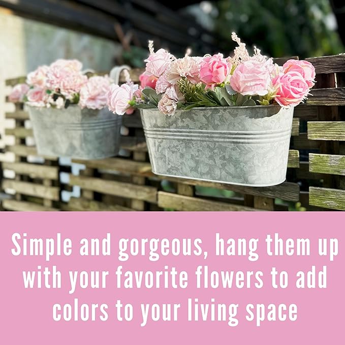 LaLaGreen Outdoor Plants Rail Planter (16 Inch, 2 Pack) Silver Metal Iron Hanging Flower Pot Deck Railings Fence Bucket Modern Boho Style Wall Mount Window Box Plant Wall Hanger Hooks Porch Home Decor