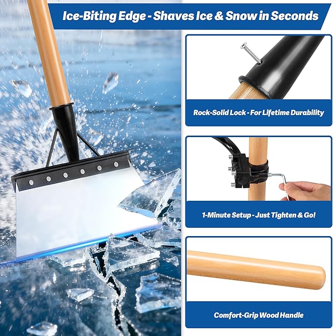 Snow Shovel with 47.24" Long Handle, 9.25" Widened Garden Flat Shovel Ergonomic Auxiliary Handle for Weeding, Lawn Edging, Snow Removal, Ice Scraping-Tool-Free Assembly&Storage