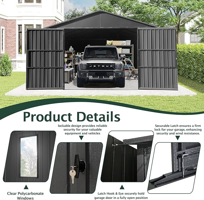 12x15FT Metal Storage Shed, Metal Garage Shed or Heavy Duty Carport, Lockable Double Hinged Doors, Extra Large Car Shelter for Car Truck Motorcycle Lawn Equipment, Wind Resistant