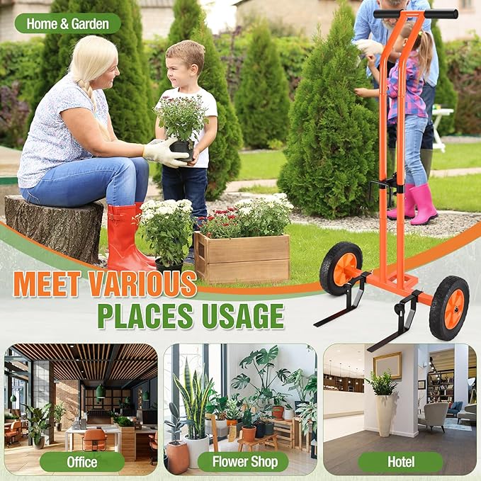 Plant Caddy with Wheels, Heavy Duty Plant Dolly Cart with Adjustable Grabbing Arm and Suction Cups for Plant Pots, Garden Pot Mover Trolley Cart with Strap, Ideal for Indoor and Outdoor Use, Orange