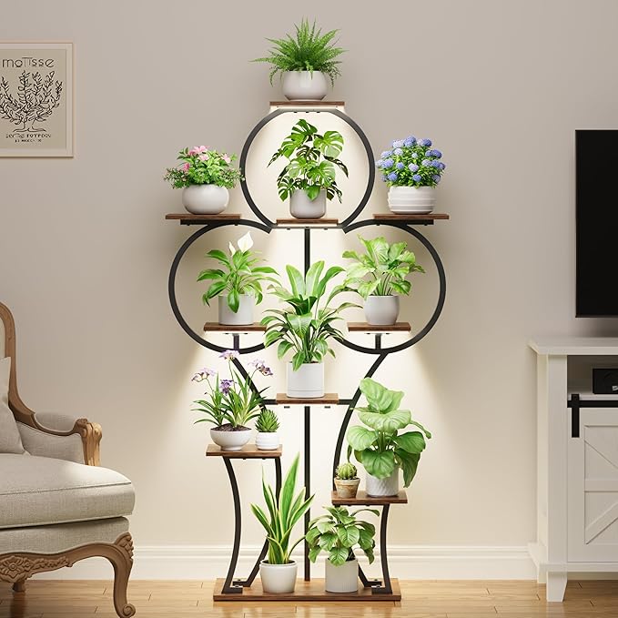 POZILAN Plant Stand Indoor with Grow Lights - 63" Tall Corner Plant Stands for Indoor Plants - 10 Tiered Plant Shelf with Grow Light, Multiple Metal Lighted Plant Stand for Balcony, Living Room, Patio