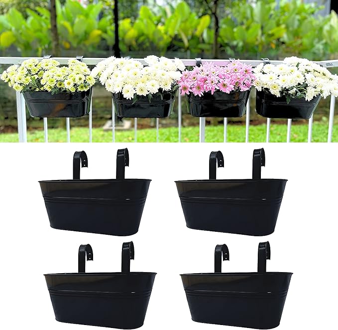 LaLaGreen Outdoor Rail Planter Plants (4 Pack, 11.2 Inch) Black Metal Iron Hanging Flower Pots Deck Railings Fence Buckets Modern Boho Style Wall Mount Window Box Plant Holder with Hooks Porch Decor
