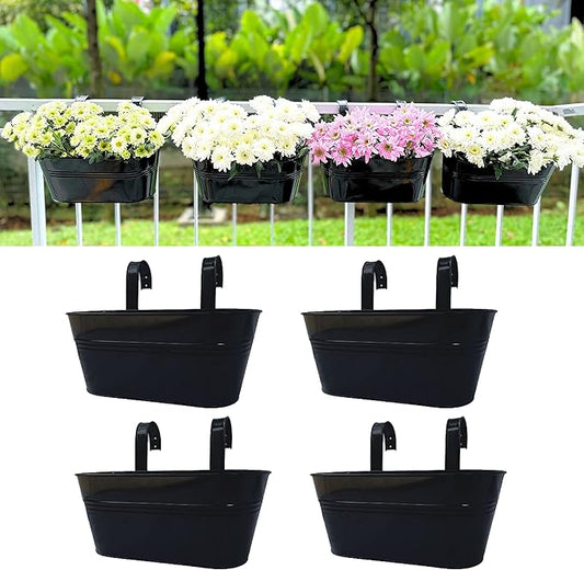LaLaGreen Outdoor Rail Planter Plants (4 Pack, 11.2 Inch) Black Metal Iron Hanging Flower Pots Deck Railings Fence Buckets Modern Boho Style Wall Mount Window Box Plant Holder with Hooks Porch Decor
