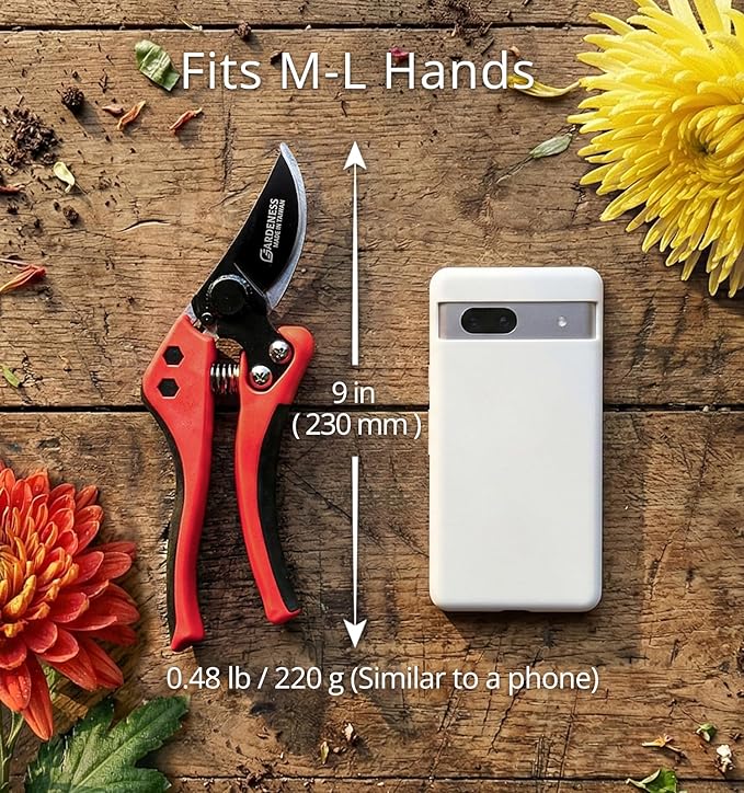 Gardeness Non-Stick Coated Bypass Pruning Shears - Professional Garden Clippers with Comfort Grip Handles, Heavy Duty Hand Secateurs for Trimming Branches, Floral & Yard Work, Arthritis Friendly