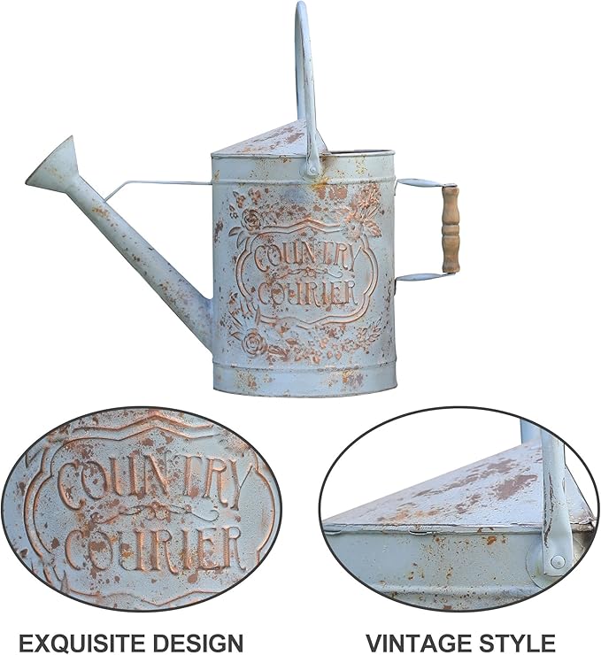 Vintage Metal Watering Can with Country Corner Floral Emboss & Wooden Handle Garden Distressed Blue Decorative Watering Pot Farmhouse Waterer for Home Garden Balcony Courtyard 2 Gallon