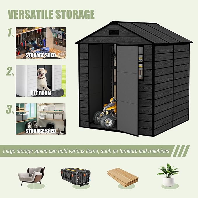 Outdoor Storage Resin Shed with Floor, Waterproof Plastic Garden Bike Shed with Lockable Door, Sloped Roof, Vents & Windows, Tool Shed for Patio, Backyard, Lawn (Wood Grain Black, 5.5X5.5FT)