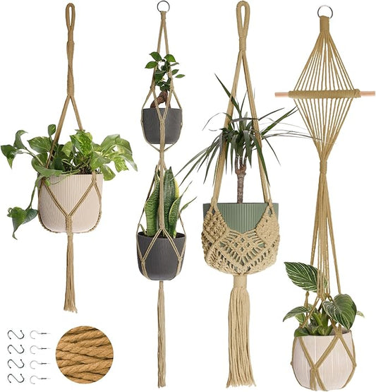 Nook Theory 4-Pack Macrame Plant Hangers with 8 Hooks - Hanging Planters for Indoor Plants, Boho Macrame Hangers Indoor Outdoor, Decorative Plant Hanger Indoor (Caramel)