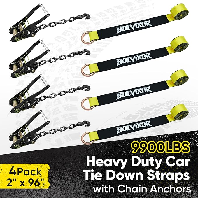 4 Pack Car Tie Down Straps for Trailers - 2" x 96" - 9900LBS Break Strength - Tire Ratchet Straps with Heavy Duty Chain Anchors for Hauling UTV, SUV, Truck, Any Cars