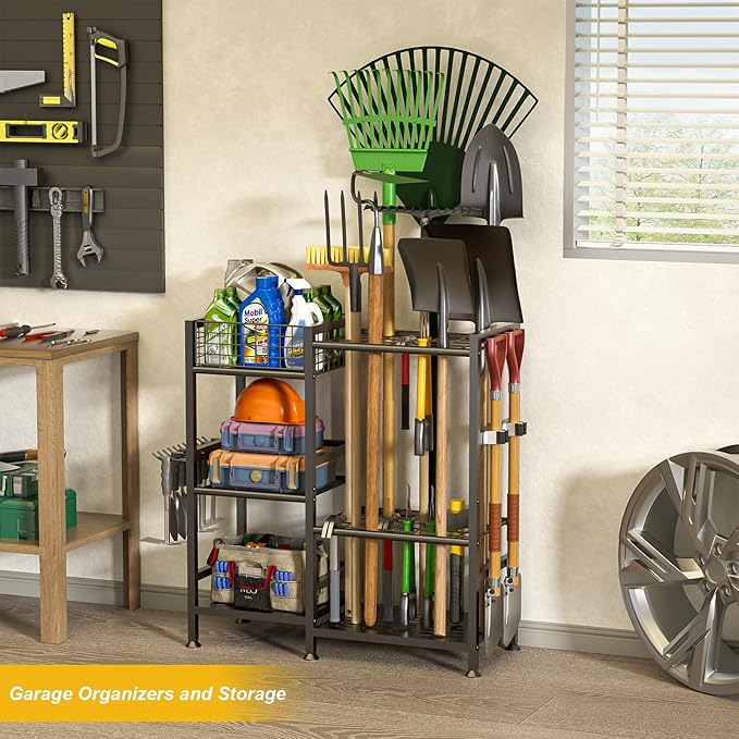 keomaisyto Garden Tool Organizer With Basket - 3 Tier Yard Storage Rack for Garage Organization, Heavy Duty Holder With 35 Long-Handled Slots for Shed, Yard, Garage