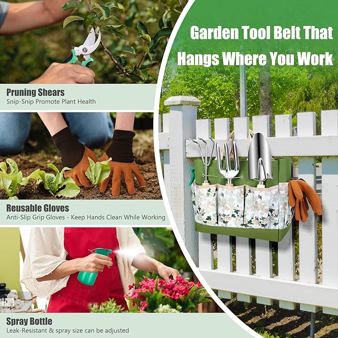 Gardening Tools Set of 10, Heavy Duty Stainless Steel Garden Hand Tools with Floral Tote Bag, Rust-Proof Garden Tools for Gardening, Gardening Gifts for Women, Men and Plant Lover