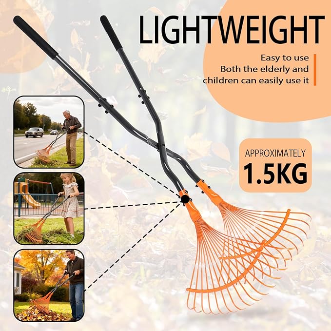 Garden Rake, Black Orange Plastic Fan Design, Heavy Duty Lawn Leaf Collection Tool