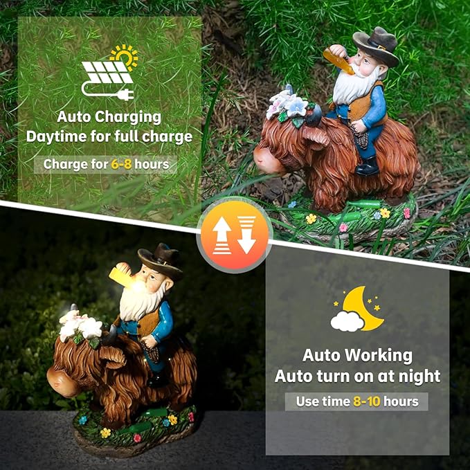 Gnome Gifts for Women, Solor Statue for Garden, Gnome and Highland cow Figurine with Lights, Outdoor Decorations for Yard Lawn Patio, Gifts for Mom Grandma Mother in Law Gardener Mother'Day
