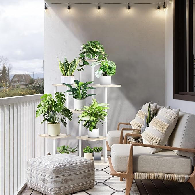 7 Tier Wood Tall Plant Stand Metal Rack Indoor, Multiple Flower Pot Holder Shelves Corner Rack, Planter Shelf Display Rack Storage Organizer for Patio Living Room Balcony Garden(White Oak)