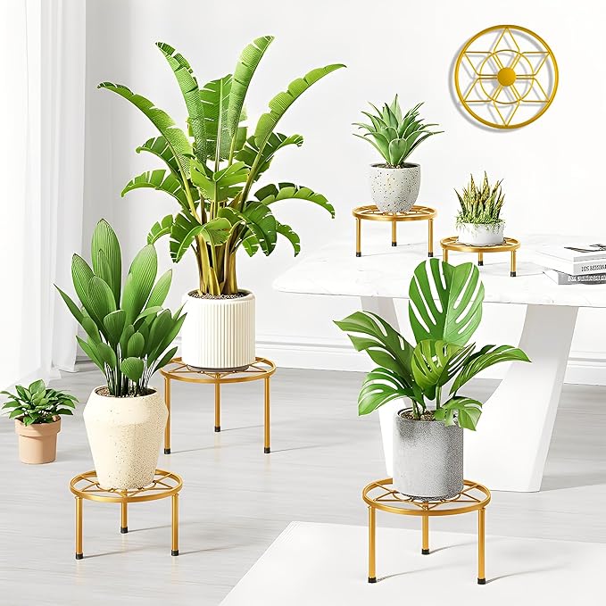 5 Pack Metal Potted Plant Stands for Indoor Outdoor,Round Planters Flower Pots Stand Holder,Heavy Duty Anti-Rust Iron Plant Shelf for Home Garden Patio Decoration(GoldDiamond)