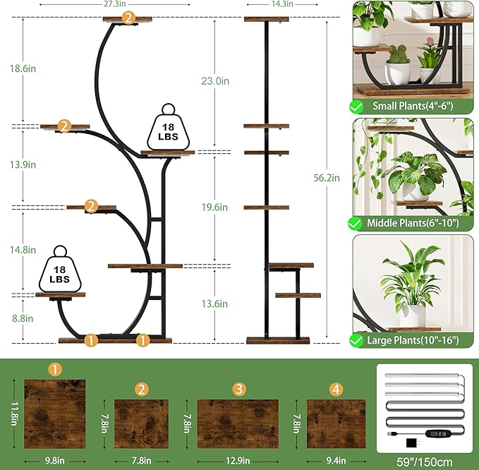 Plant Stand Indoor with Grow Lights - Lighted Indoor Plant Shelf, 57" 7 Tier Corner Plant Stands for Indoor Growing, Tall Flower Display Shelf, Metal S-Shaped Holder for Living Room, Bedroom, Black