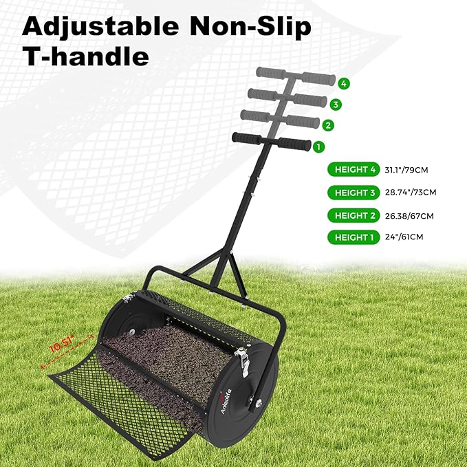 A ANLEOLIFE 24 Inch Compost Spreader, Lawn and Garden Peat Moss Roller with Side Latches, 24-31.1" Height Adjustable Handle, Metal Mesh Basket for Spreading Topsoil, Manure, Mulch, Black