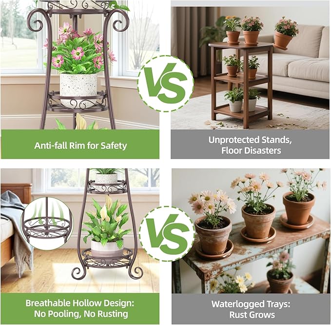 iDavosic.ly 3 Tier Metal Plant Stand Indoor Outdoor, Wrought Iron Corner Tall Flower Pot Holder Shelf, 34 Inch Vertical Heavy Duty Display Rack for Patio Porch Living Room Garden, Bronze