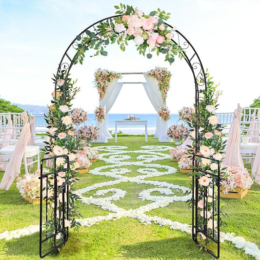 Garden Arbor with Gate, 7FT Wedding Arches for Ceremony, Metal Garden Arch for Climbing Plants Outdoor, Black Garden Archway for Lawn, Patio and Backyard, Includes Ground Stakes
