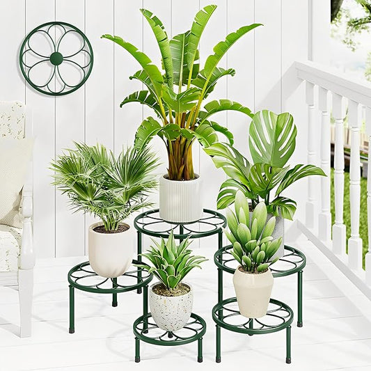 5 Pack Metal Plant Stand Indoor Outdoor,Heavy Duty Flower Pot Stands Holder for Multiple Plants,Round Small Short Pot Plant Stand,Black Potted Plant Holder for Home(DarkGreenFlower)