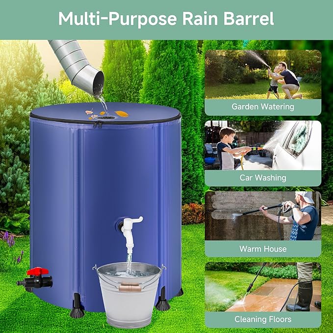 Collapsible Rain Barrel Water Storage Containers-53 Gallon Portable Rainwater Collect System Water Tank to Collect Rainwater from Gutter Downspout Water Catcher with Spigots,Filter＆Overflow Kits