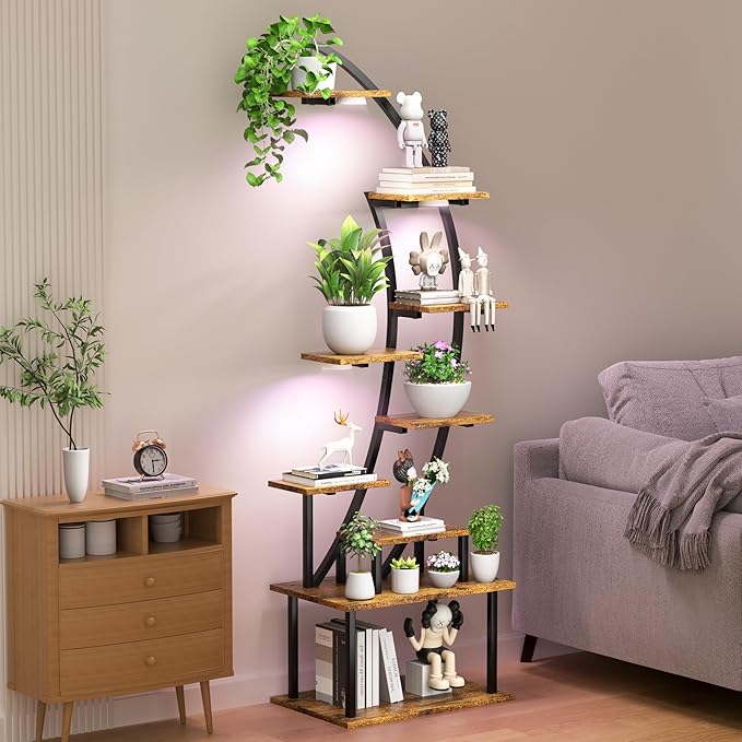 Plant Stand Indoor with Grow Lights, 9 Tier 63" Metal Plant Shelf for Multiple Plants, Tall Lighted Plant Shelves Corner Flower Holder, Half Curved Shape Plant Display Rack for Home Living Room Patio