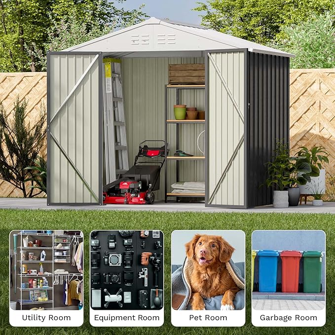 Patiolife Outdoor Storage Shed 8x6 FT, Lockable Metal Shed for Bike and Tools,Large Storage House for Garden and Backyard, Gray