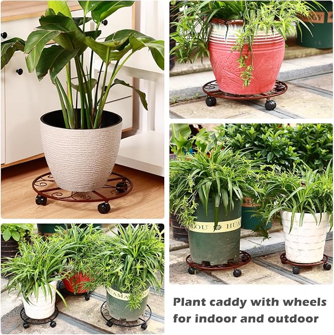 5 Pack Plant Caddy with Wheels Heavy Duty 13.5 Inch Metal Plant Stand on Wheels Plant dolly Rolling Plant Stand Plant Roller with Casters for Indoor and Outdoor with Plant Saucers, Bronze