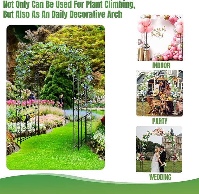 7FT Black Garden Arbor Trellis, Outdoor Metal Garden Arch for Climbing Plants Flowers Vines, Metal Lightweight Wedding Decoration Frame Archway for Lawn Bridal Party Ceremony Holiday Event