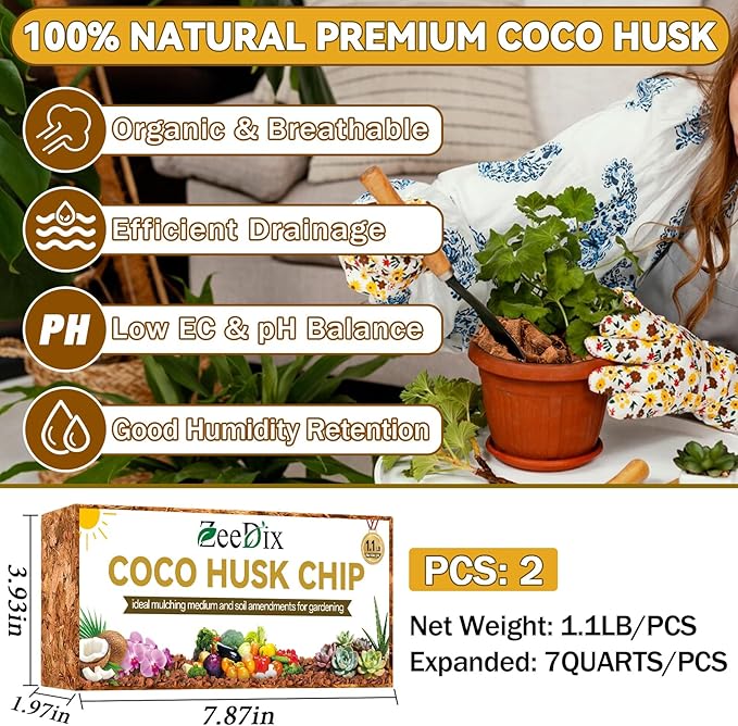 Zeedix 2 Pack Coco Husk Chips for Plants, 100% Organic Coconut Chips Mulch with Low EC & PH Balance, All Purpose for Indoor Plant Flowers Herbs Vegetables, Reptiles Terrarium Tanks Substrate