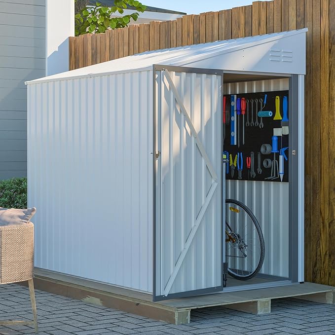 4x7 FT Outdoor Storage Shed,Lean to Lockable Metal Garden Shed Steel with Reinforced Beams,All Weather Waterproof Storage House W/Lockable Door&2 Air Vents,for Backyard,Patio,Lawn,Garden,White