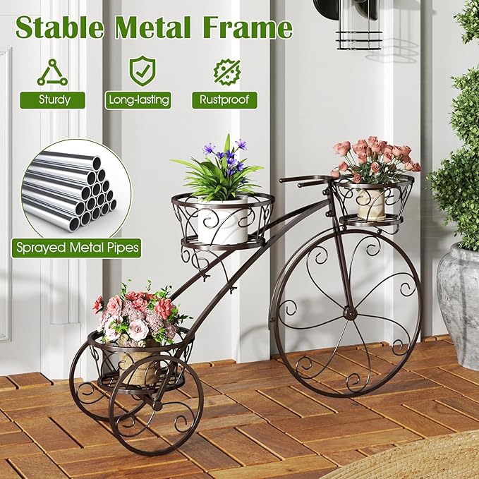 Tricycle Plant Stand, 3-Tier Metal Plant Stand Bicycle Flower Pot Cart with Hollowed Baskets, Planter Potted Holder for Patio, Garden, Deck, Lawn (Bronze)