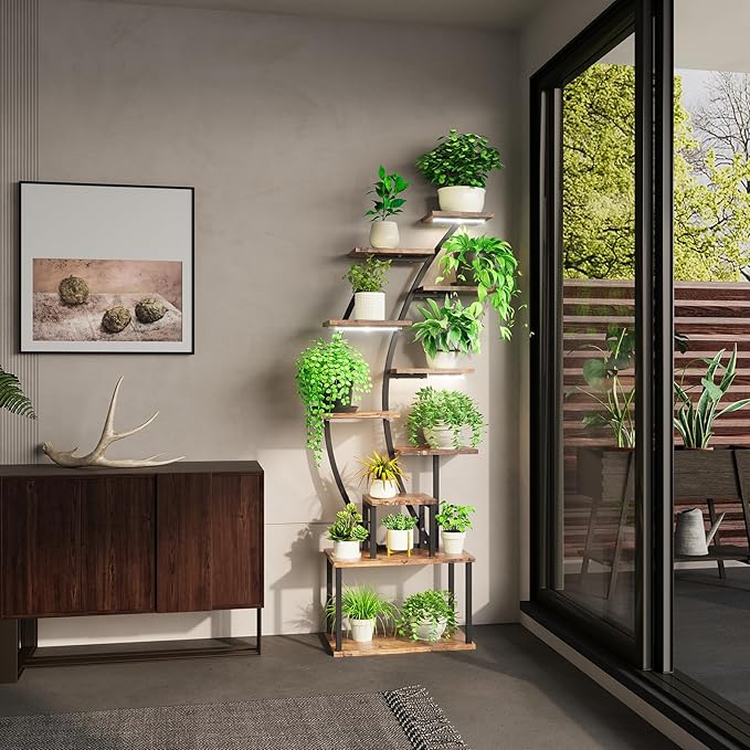 ROOMTEC Plant Stand Indoor with Grow Lights, 9 Tiered Indoor Plant Stand, 63" Metal Plant Shelf, Tall Plant Stands Indoor Multiple Stands for Living Room, Patio, 2PCS
