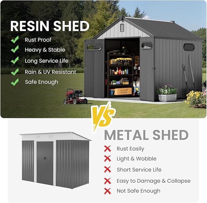 CRESTLIVE 8x8 FT Rust-Resistant Plastic Outdoor Storage Shed, Waterproof Resin Garden Shed with Floor, Doors, Skylight & Vent for Lawn Tools & Bikes